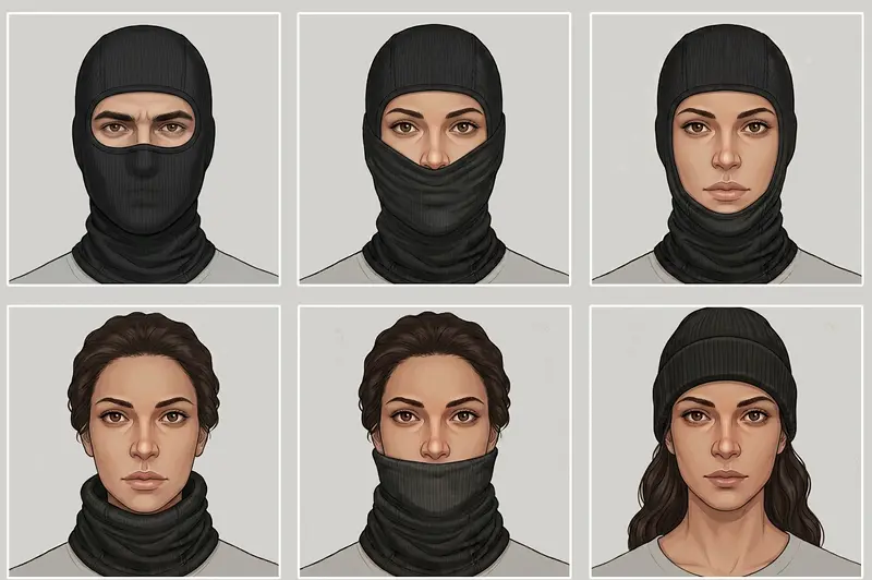 Draagvormen Balaclava (AI). Niet elke balaclava is even geschikt als nekwarmer of muts. De balaclava heeft voldoende stretch of een hinge nodig.